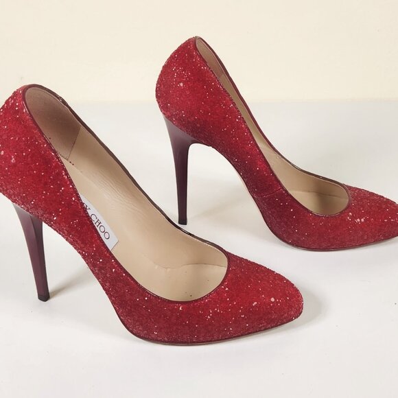 Jimmy Choo Red Glitter Almond-Toe Stiletto Platform Heels - Picture 2 of 5